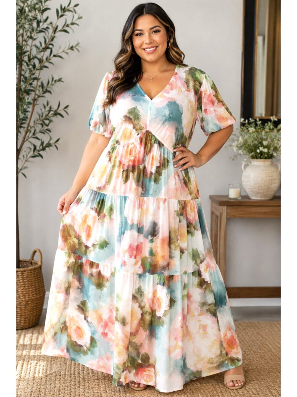 NWT Robbie Bee Watercolor Floral Maxi Dress Tiered Size L Short Sleeves Romantic